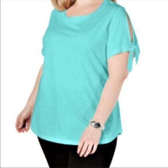 NEW Plus Karen Scott  Aqua Tee Shirt Top Short Sleeves Stretch Jersey Size 0X - Picture 1 of 8
